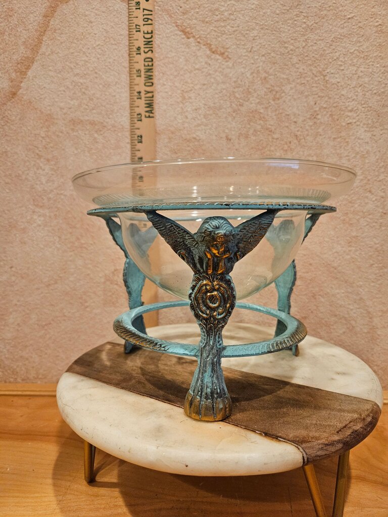 Great American Herb Company Vintage Brass Angel Cherub Base w Teal Blue Green Patinaed Brass Display Decorative Bowl