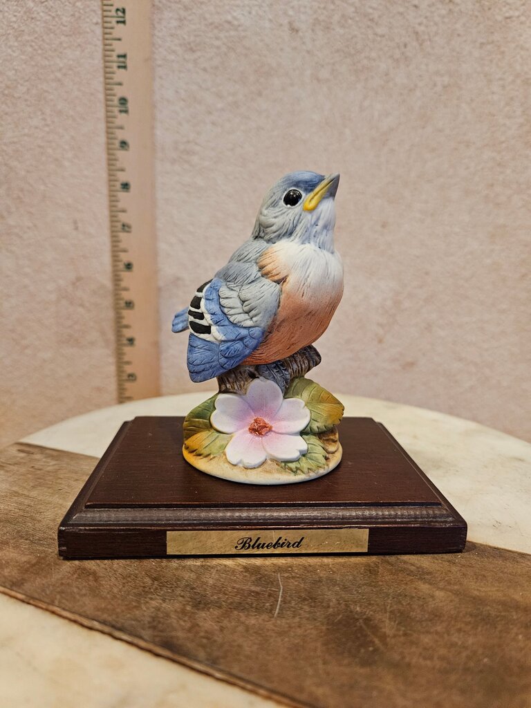 Vintage Adrea by Sadek Blue Bird on Dogwood Tree Branch Figurine on a Wooden Base