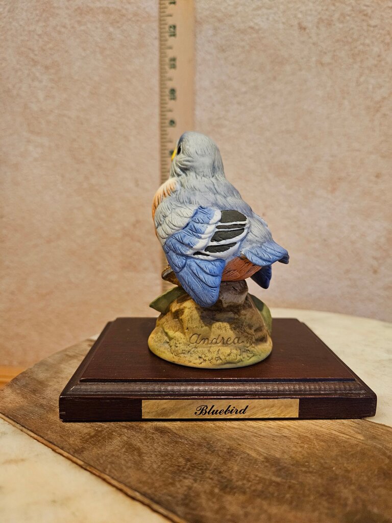 Vintage Adrea by Sadek Blue Bird on Dogwood Tree Branch Figurine on a Wooden Base