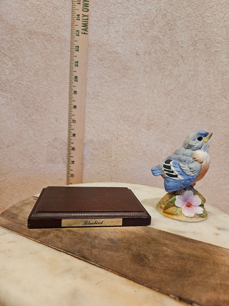 Vintage Adrea by Sadek Blue Bird on Dogwood Tree Branch Figurine on a Wooden Base