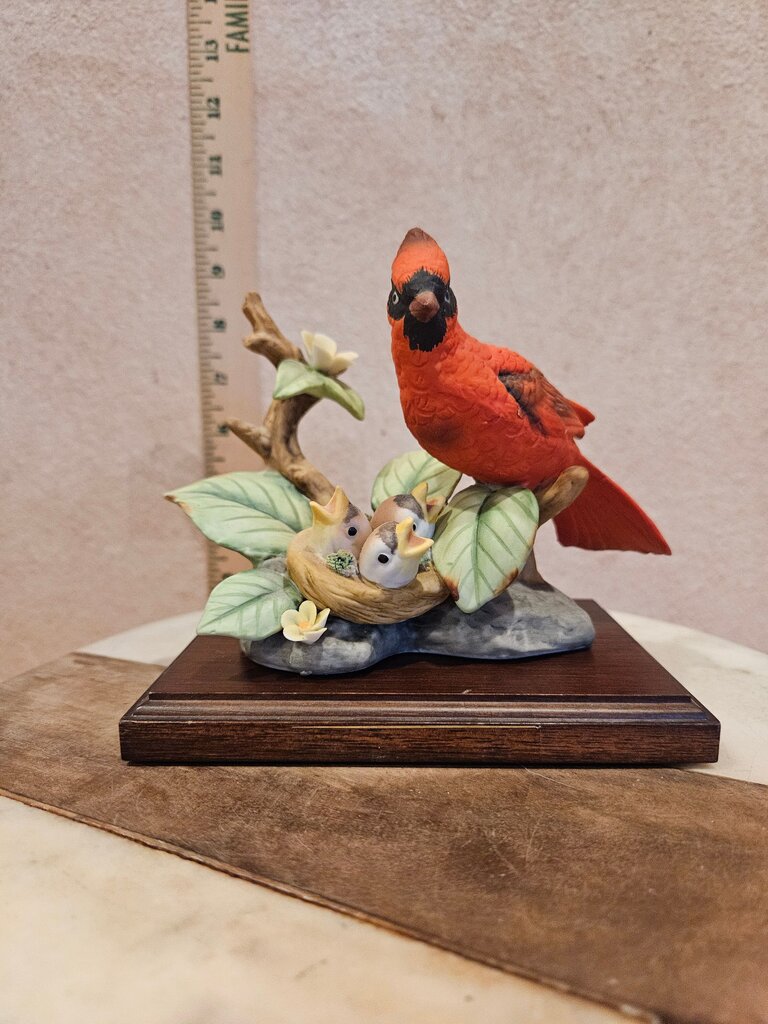 Red Cardinal Bird Figurine with Nest