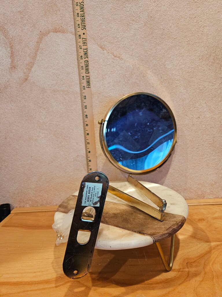 Vintage MCM Brass wall mounted Makeup Mirror never used w photochromic marks glass on extendable folding arm
