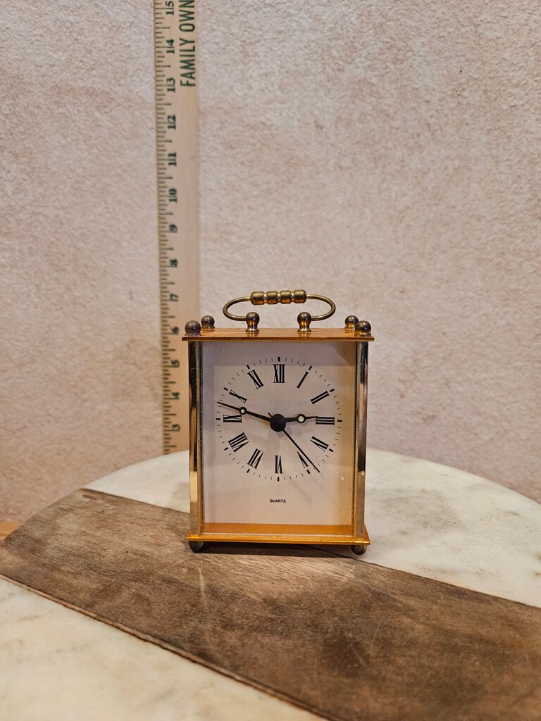 Vintage Quartz Table Clock Portable Handle Gold Tone Carriage Clock