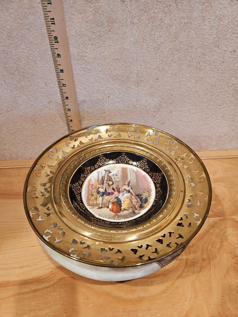 Regency Bone China Embedded in Punched Design Gilded brass framed wall plate, Victorian ceramic wall decor, made in England, 14" round