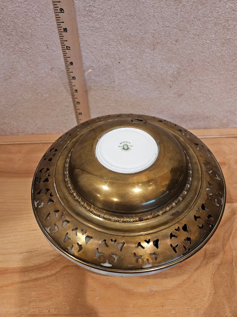 Regency Bone China Embedded in Punched Design Gilded brass framed wall plate, Victorian ceramic wall decor, made in England, 14" round