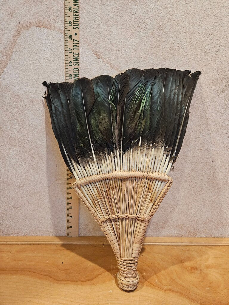 Unique Primitive Vintage Handmade Fan of Feathers & Wicker Binding wall or vase decor from Congo/Zaire
