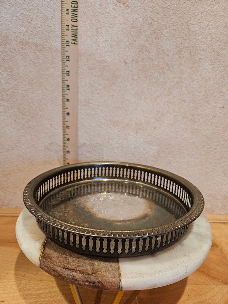Vintage Silverplate Reticulated Pierced Rimed Metal Tray cloche base vignette riser barware candle display table serving ware