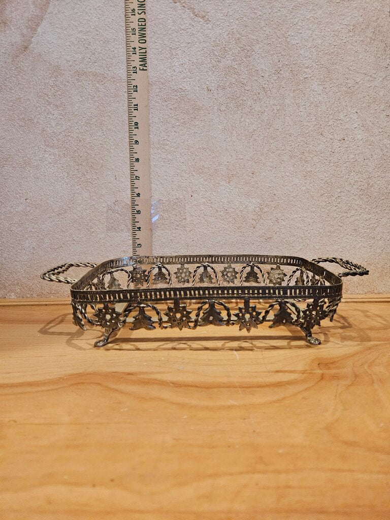 Decorative As Is Christmas tree & snowflake motif casserole metal footed tray stand holder server w Handles table serving display