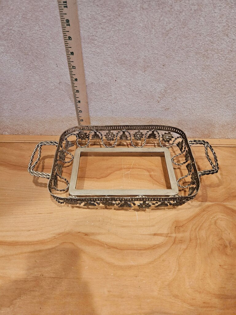 Decorative As Is Christmas tree & snowflake motif casserole metal footed tray stand holder server w Handles table serving display
