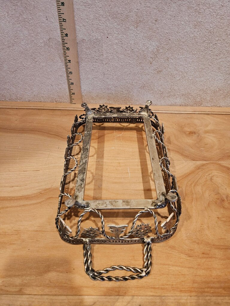 Decorative As Is Christmas tree & snowflake motif casserole metal footed tray stand holder server w Handles table serving display