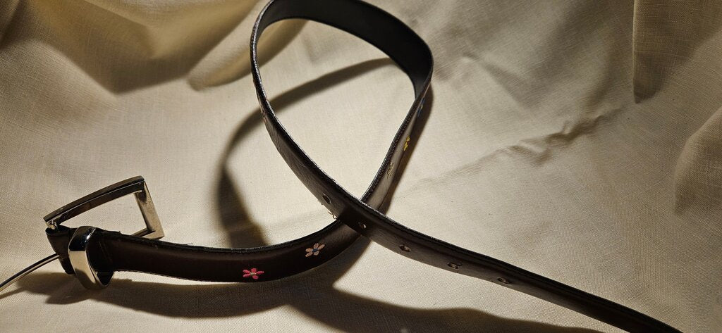 Floral Embroidered Black Leather Belt