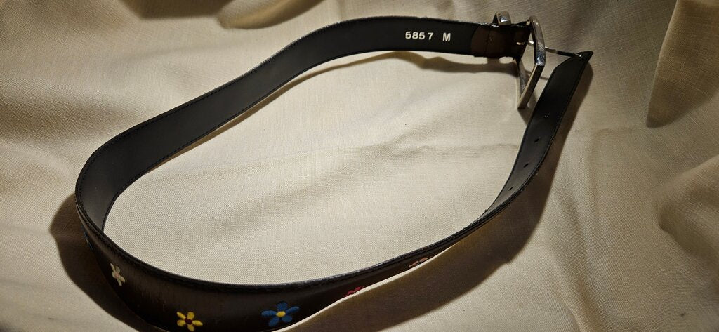 Floral Embroidered Black Leather Belt