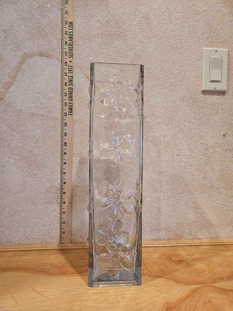 Vintage MCM Blenko Style monumental erre fleurs bulles embossed daisy design petal clear glass vase