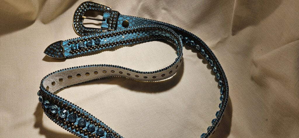 Embellished Blue Leather Belt