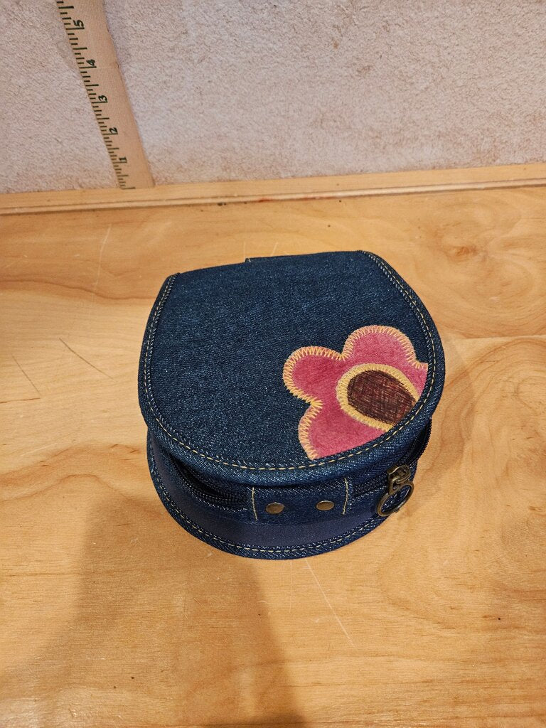 Denim Round Jewelry Case with Floral Design