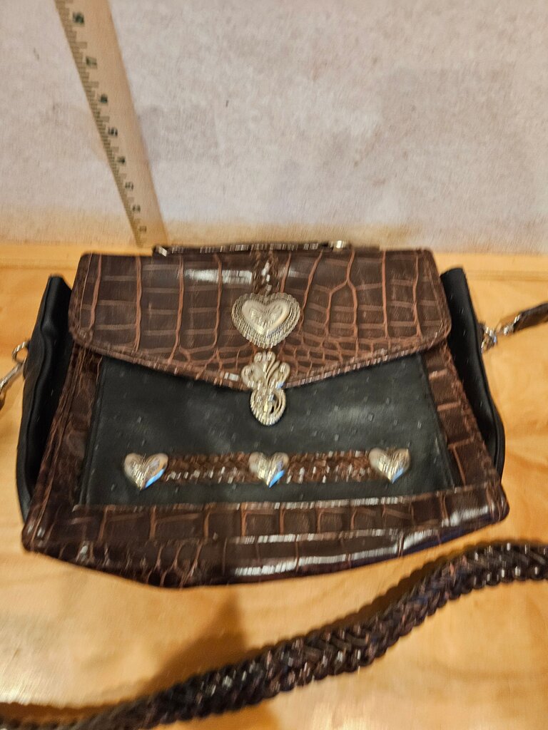 Stylish Brown Crocodile Pattern Handbag with Heart Accents