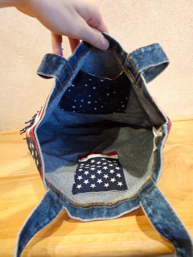 Denim Tote Bag with American Flag Design