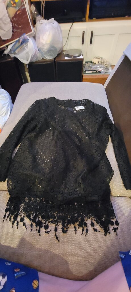 Black Lace Top with Tassel Hem