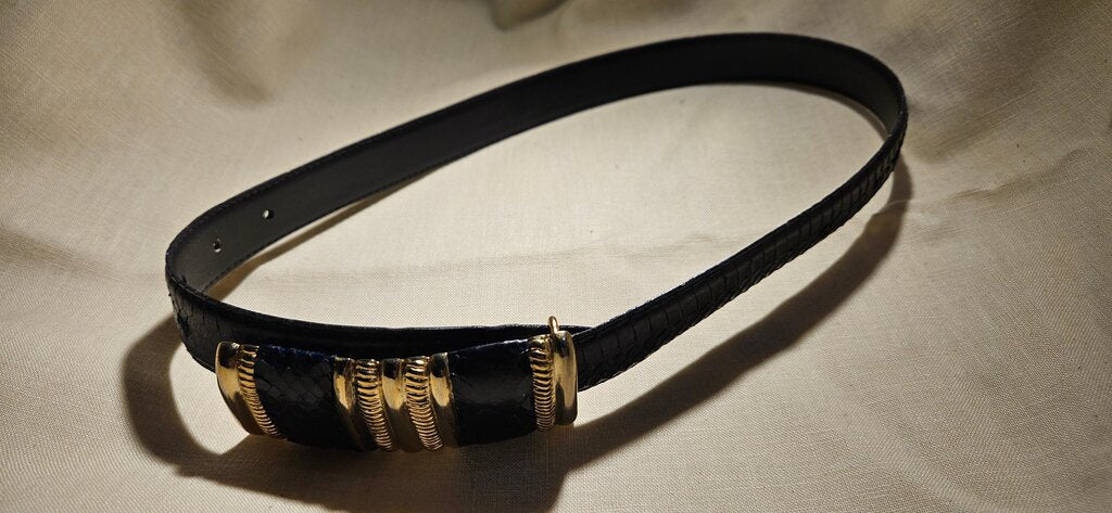 Black Leather Belt with Gold Accents