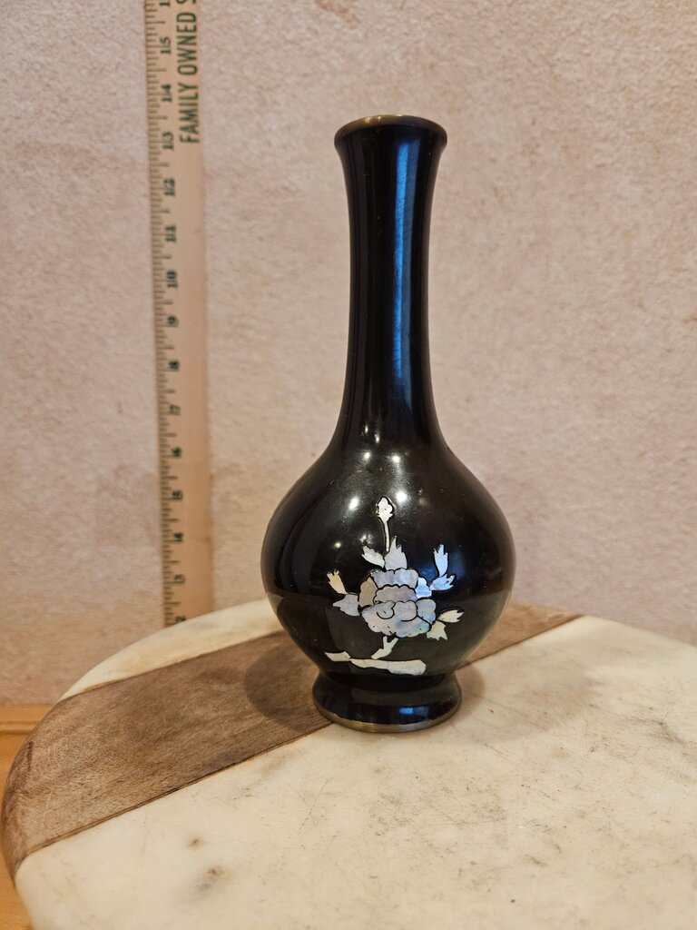 Vintage Korean Black Lacquerware & bud Bud Vase with Mother of Pearl Flower Inlay, Brass and Lacquerware Bud Vase from Asia, Inlaid Iridescent Floral Design