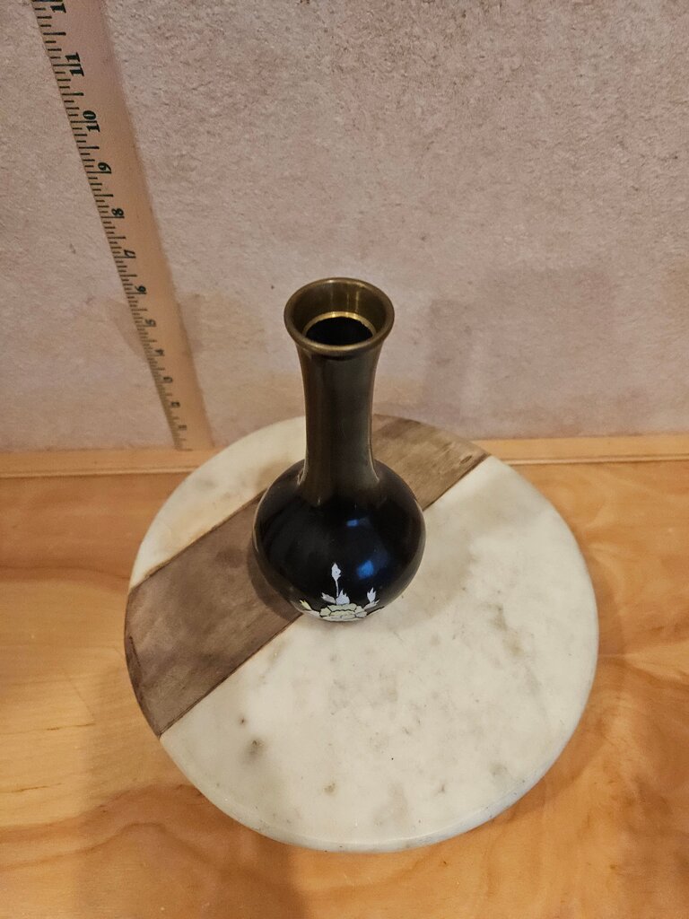 Vintage Korean Black Lacquerware & bud Bud Vase with Mother of Pearl Flower Inlay, Brass and Lacquerware Bud Vase from Asia, Inlaid Iridescent Floral Design