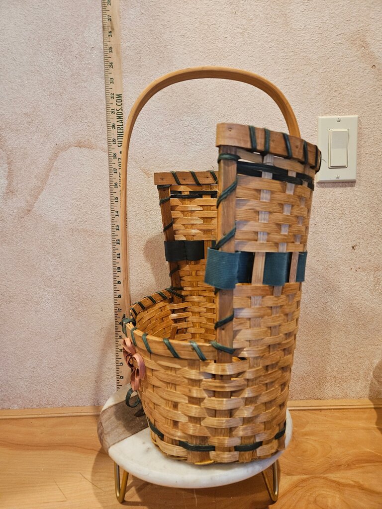 Unique Floral Motif Design Woven Decorative Basket w Big Handle display, dry flower vase, towel holder vanity bathroom organizer