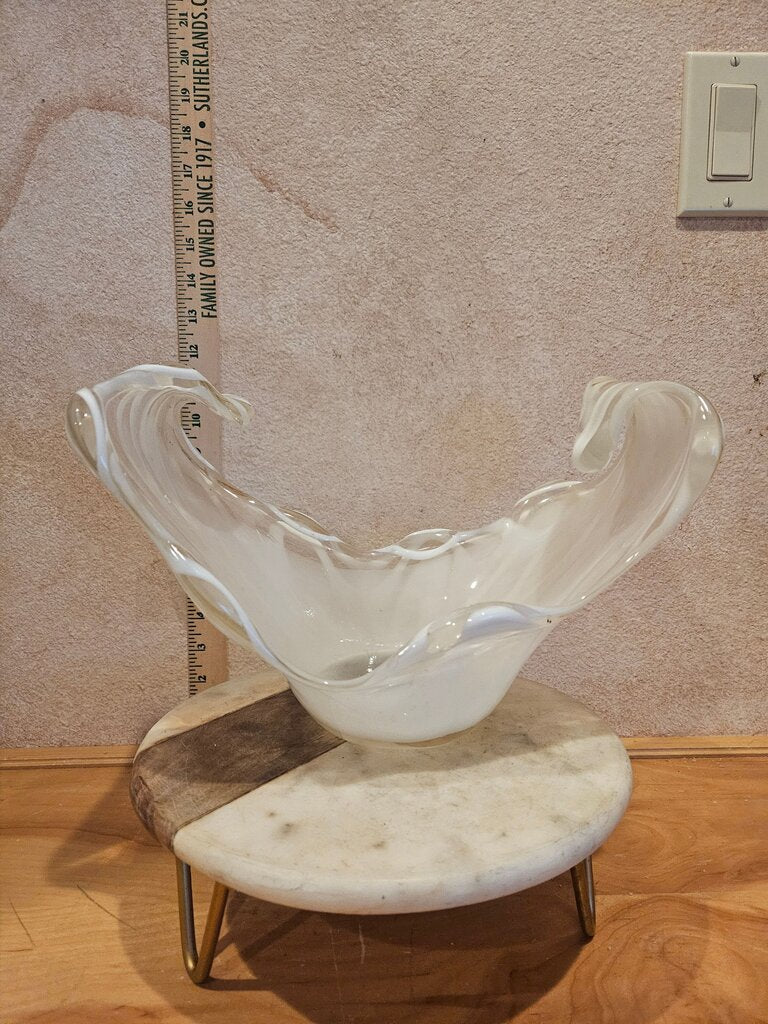 Elegant Murano Style Taupe Smoky White Glass Wavy Handmade Decorative Display Bowl Decor