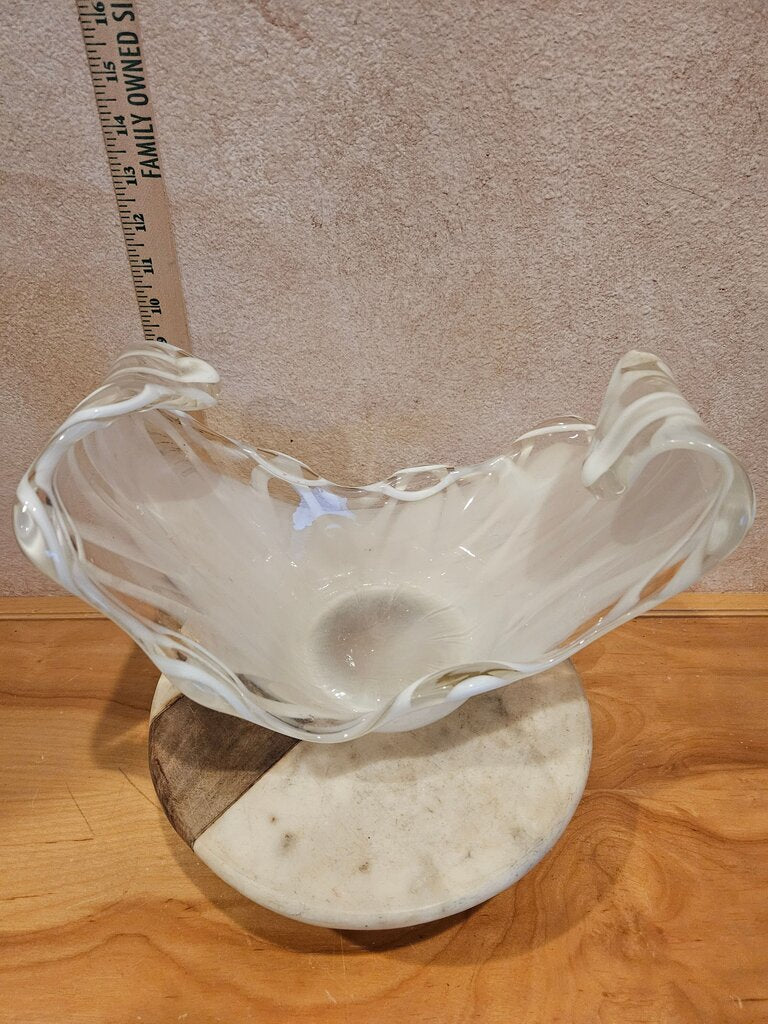 Elegant Murano Style Taupe Smoky White Glass Wavy Handmade Decorative Display Bowl Decor