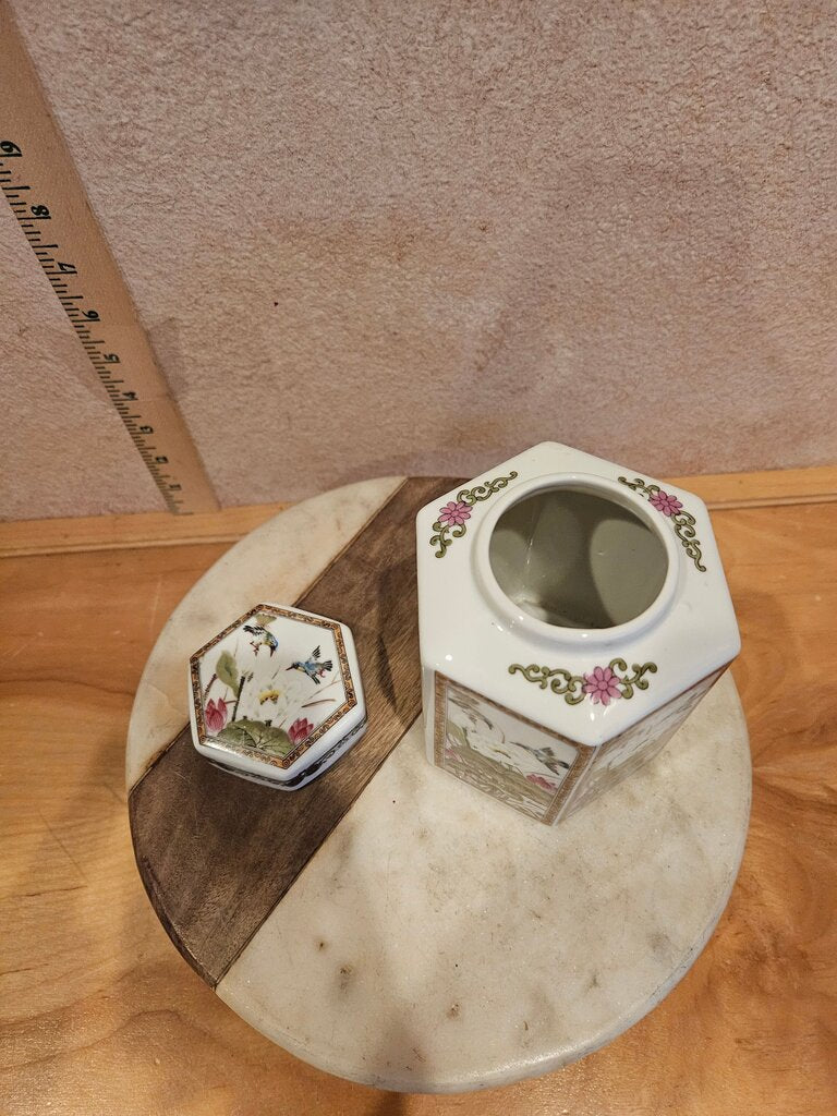 Hummingbird Lidded Jar Tokyo Ming Tea Ginger Ming Lotus Hexagon Pink Green Flowers Urn Japan