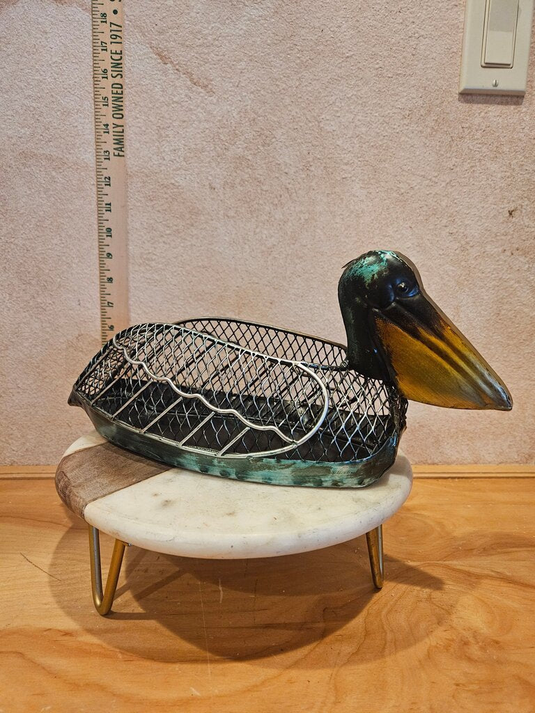 HandCrafted MetalWork Pelican Bird Metal Display basket Copper & Turqouise Unique Coastal Ocean Display