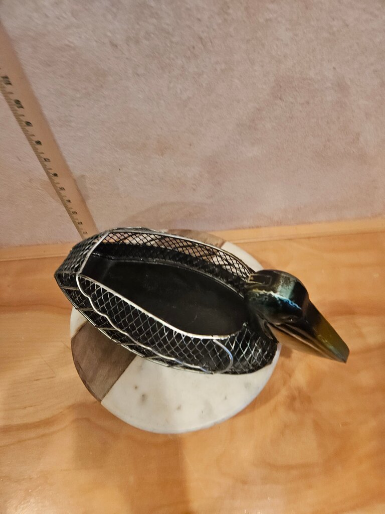 HandCrafted MetalWork Pelican Bird Metal Display basket Copper & Turqouise Unique Coastal Ocean Display