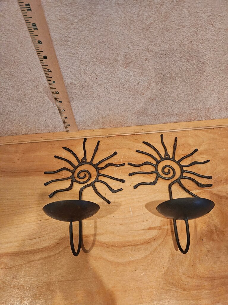 2 CANDLE WALL SCONCES, Pier One Black Brown Wrought Iron Pillar Candle Holders, Wall Sconces Celestial Sun, Vintage 90’s Sunshine Candle Holders