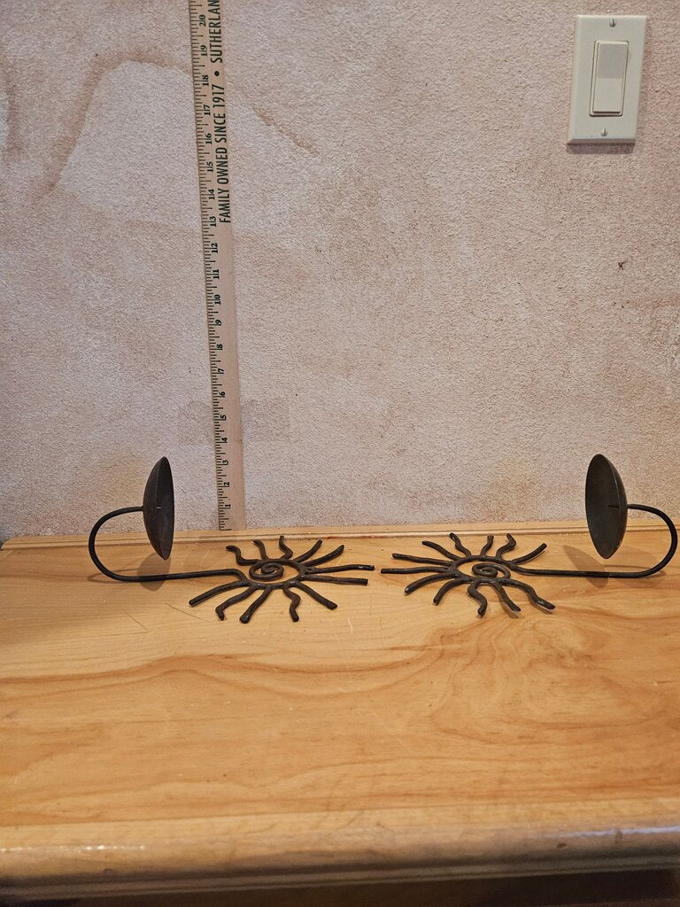 2 CANDLE WALL SCONCES, Pier One Black Brown Wrought Iron Pillar Candle Holders, Wall Sconces Celestial Sun, Vintage 90’s Sunshine Candle Holders