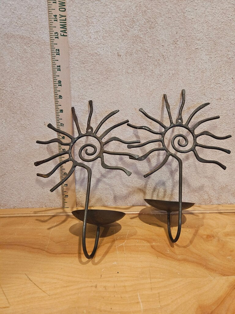 2 CANDLE WALL SCONCES, Pier One Black Brown Wrought Iron Pillar Candle Holders, Wall Sconces Celestial Sun, Vintage 90’s Sunshine Candle Holders