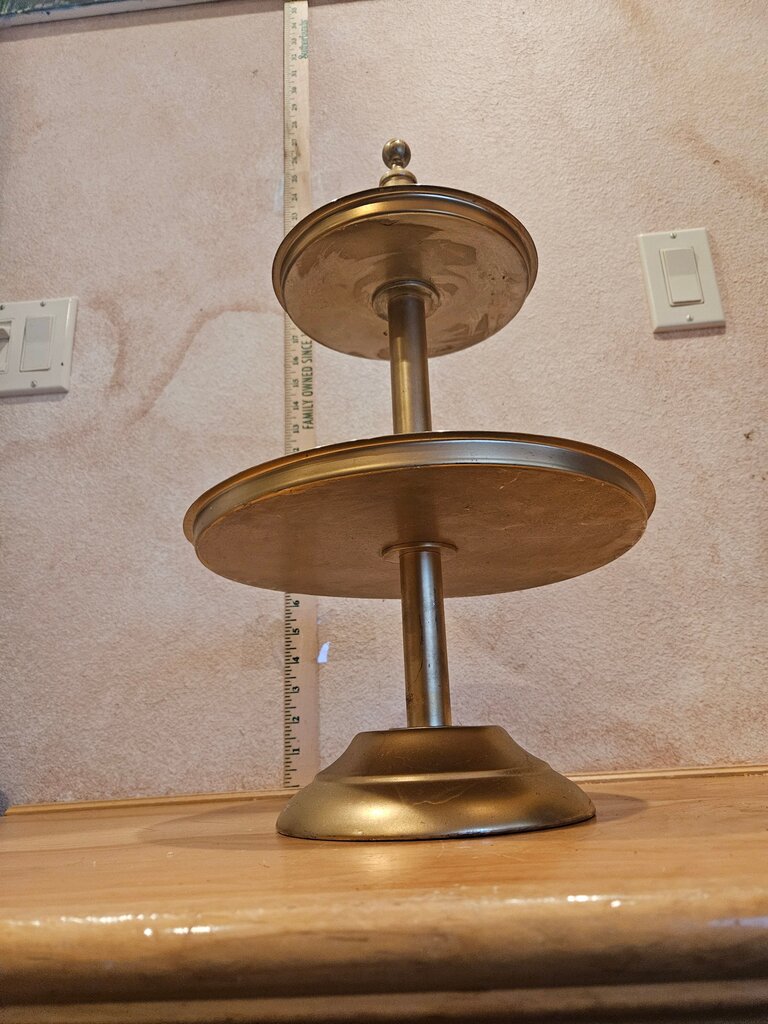 2 Tier Metal Gilded Gold Paint Cake Stand, Decorative Cup Cake Stand, Display vignette trinket table decor MCM Hollywood Regency style wedding, events, candy bar