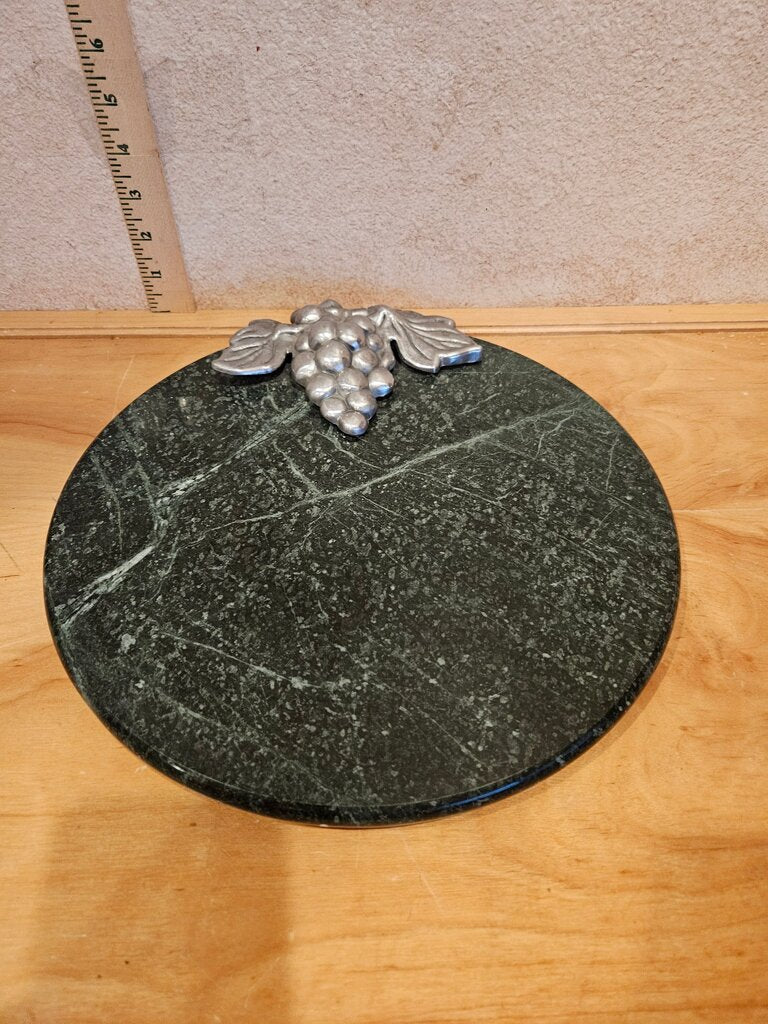 Vintage GREEN MARBLE w Aluminium Grapes CHEESE PLATTER Cutting Board 14" Diamete