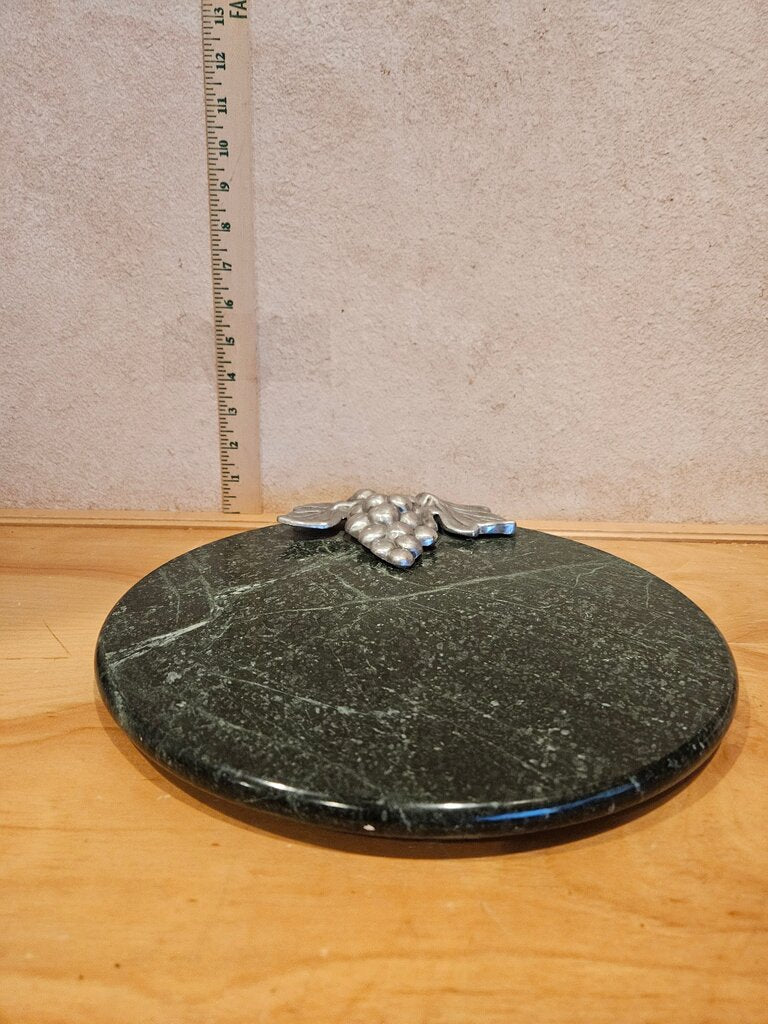 Vintage GREEN MARBLE w Aluminium Grapes CHEESE PLATTER Cutting Board 14" Diamete