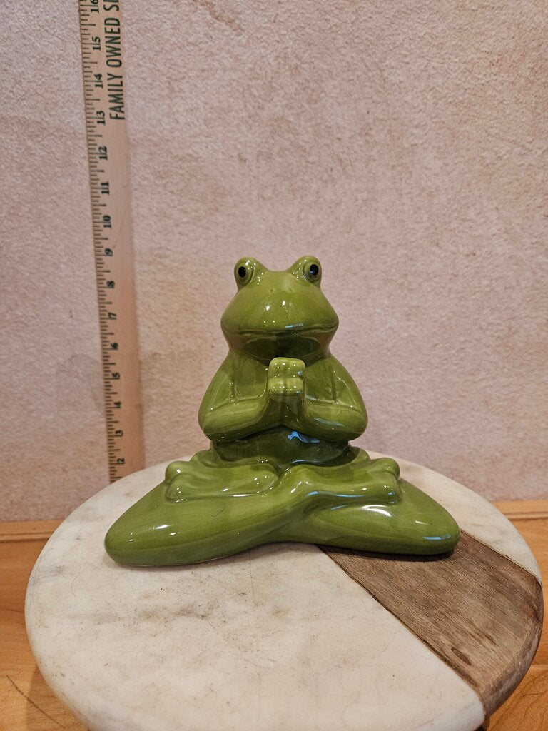 High Gloss Ceramic Meditating Yoga Lime Green Decorative Frog Namaste Figurine in Meditative Pose