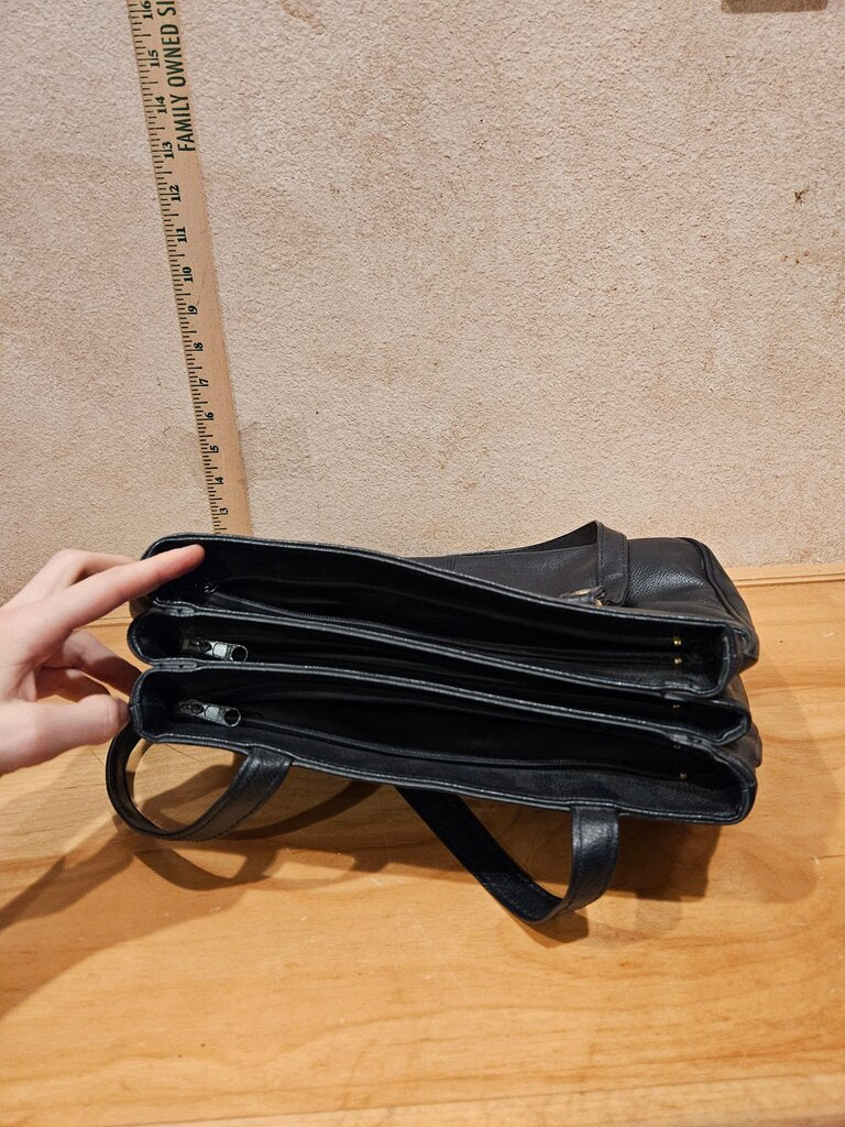 Black Leather Handbag with Multiple Compartments