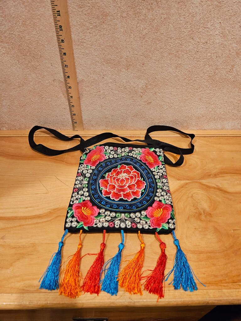 Embroidered Crossbody Bag with Tassels
