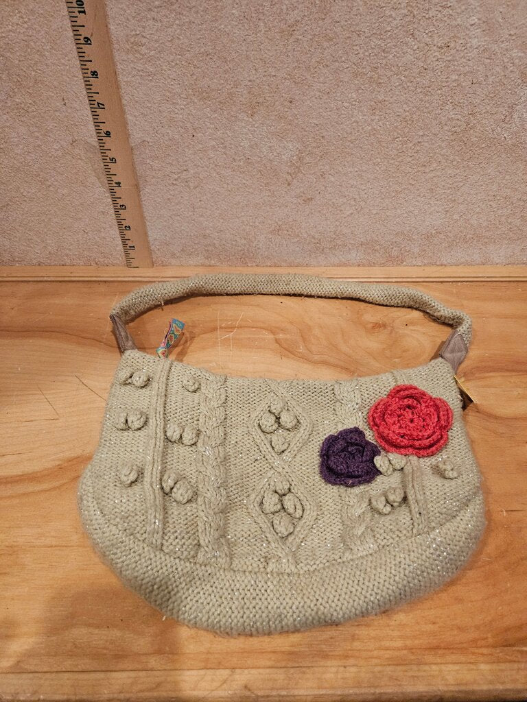 Knitted Handbag with Floral Appliqué