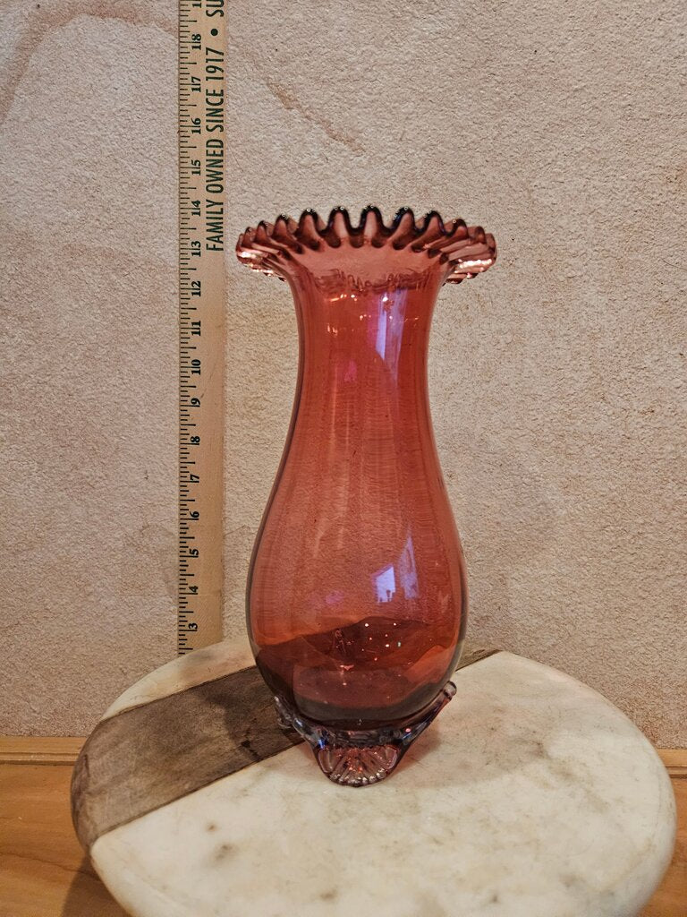 Vintage / Antique English Cranberry Art Glass Vase Double Crimped Scalloped Edge Footed Base Victorian Shabby Cottage