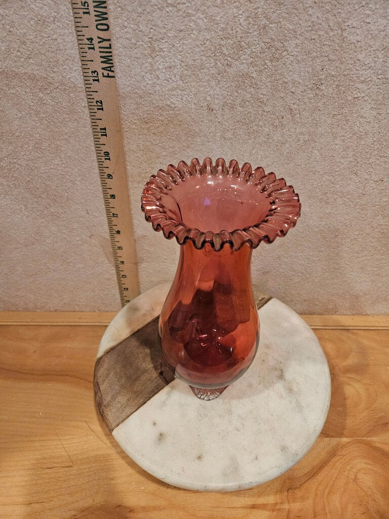 Vintage / Antique English Cranberry Art Glass Vase Double Crimped Scalloped Edge Footed Base Victorian Shabby Cottage