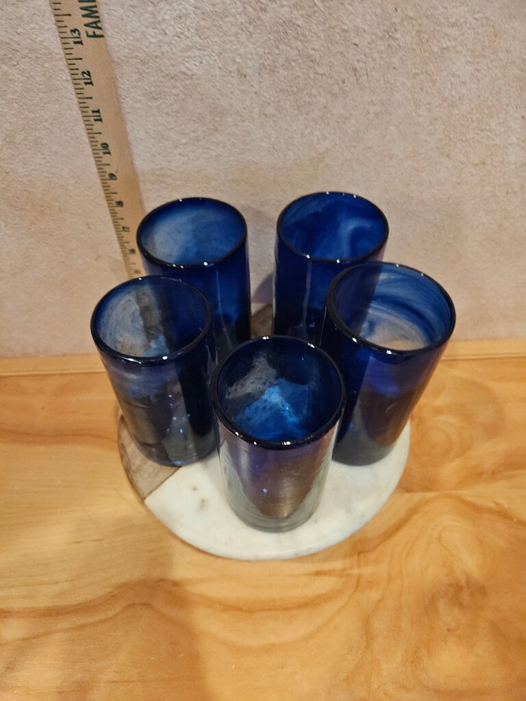 Mexico Cobalt Blue Juice Glasses Set of five Hand Blown Deep Blue Color upcycle to vases water glasses barware decor