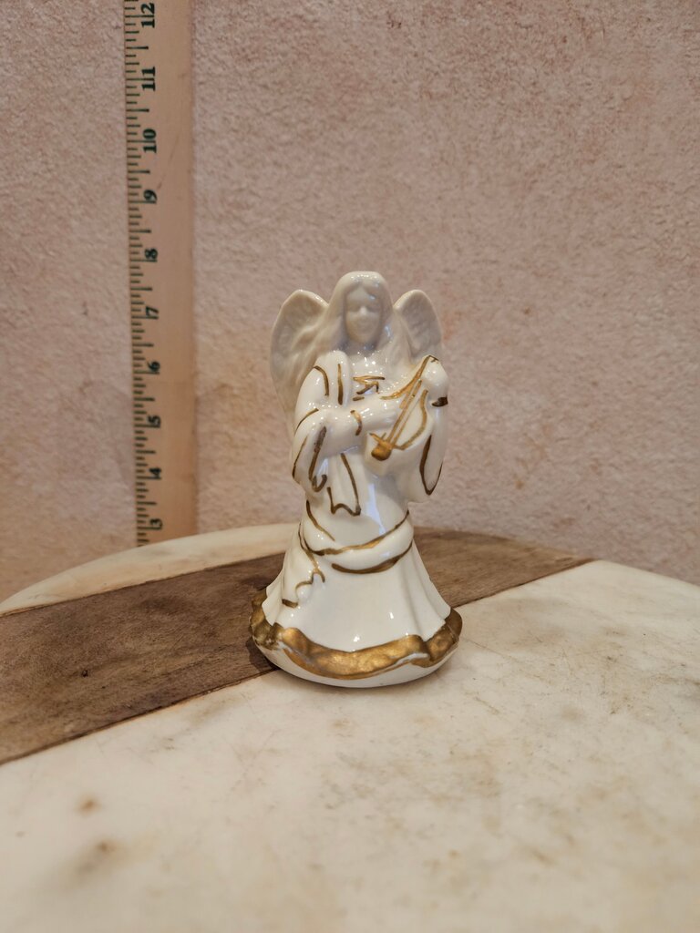 Angel Figurine w Musical Instrument Gold Tone Trim Porcelain holiday Christmas Decor