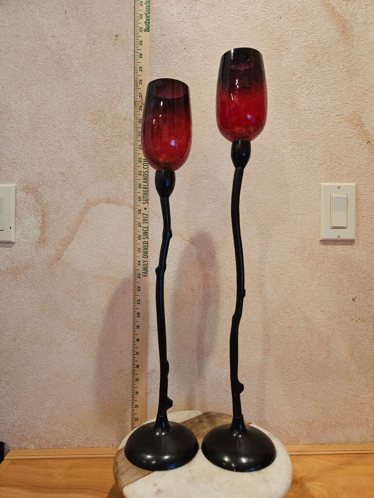 Elegant Red and Black Tall 25.5” & 21.5”Crackle Glass Candle Holders Set Of 2