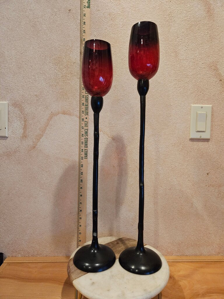 Elegant Red and Black Tall 25.5” & 21.5”Crackle Glass Candle Holders Set Of 2