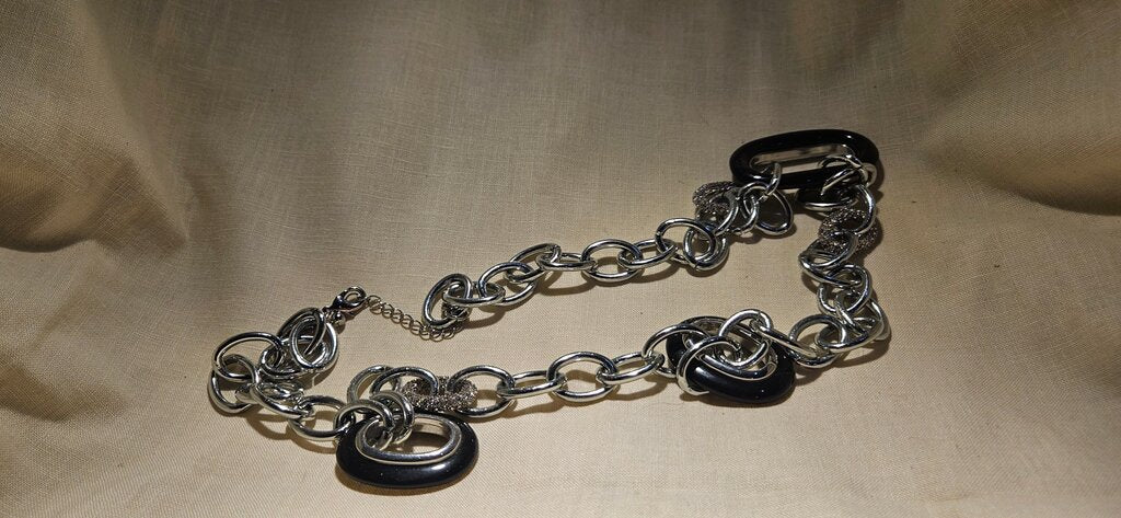 Silver Chain Link Necklace with Black Accents