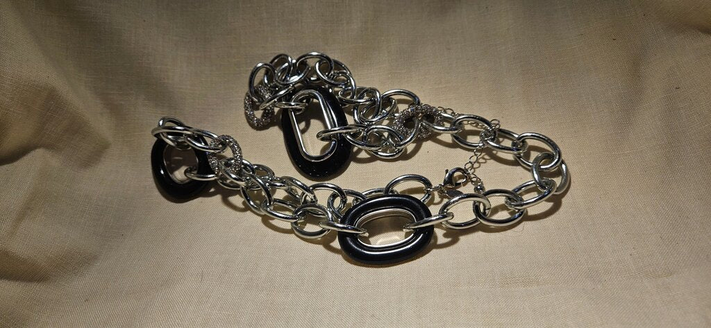 Silver Chain Link Necklace with Black Accents