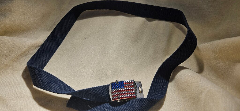 Navy Blue Belt with Rhinestone American Flag Buckle